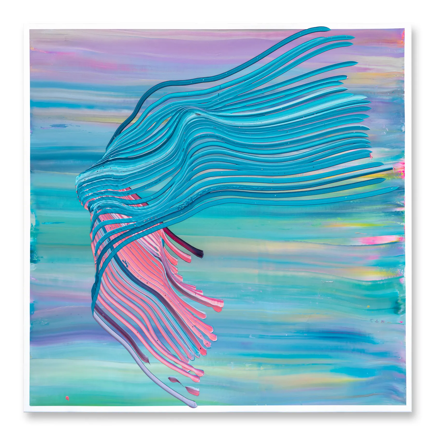Line painting of sweeping turquoise and pink lines on a pastel blue and violet ground, Fleeting