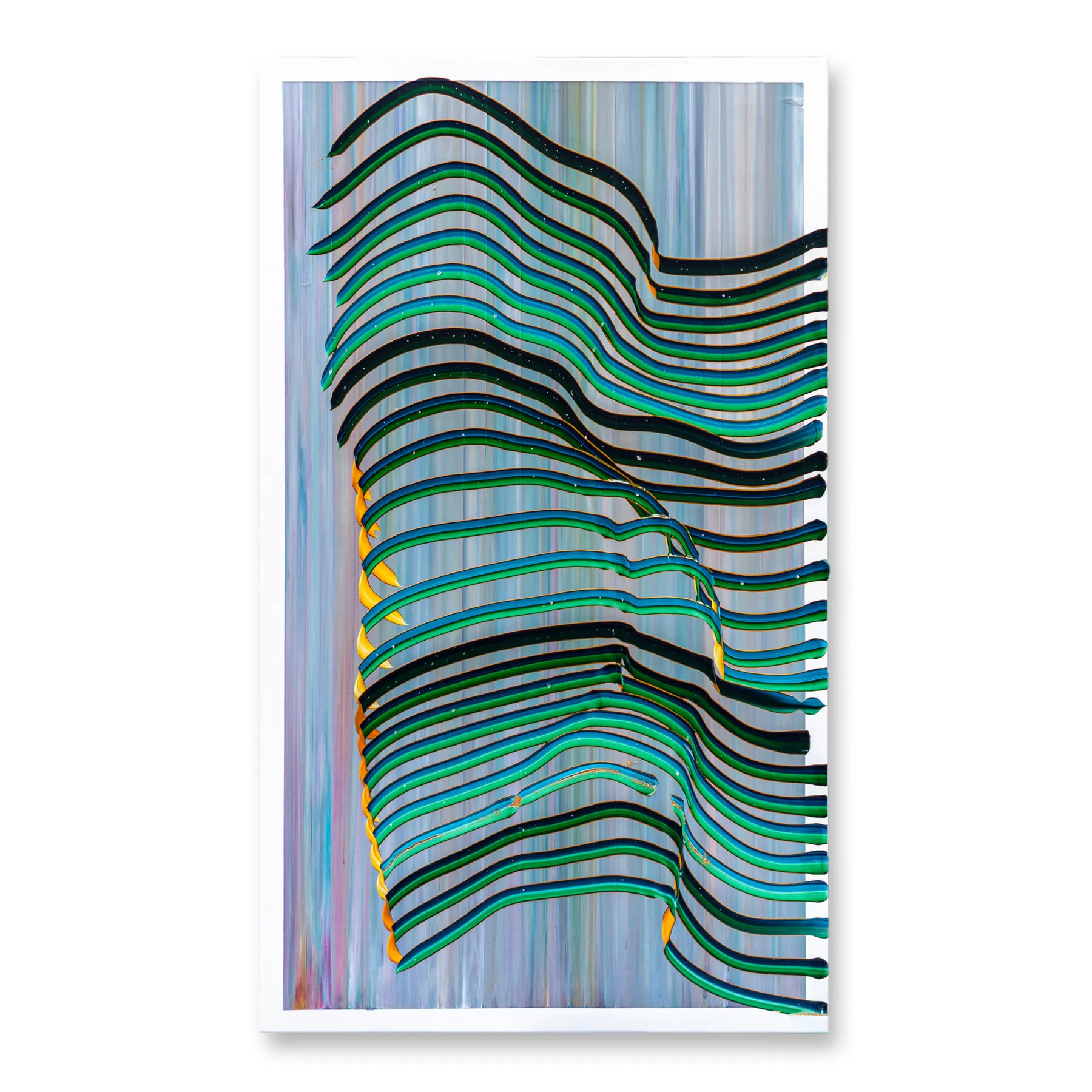 Line painting of wavy green and black lines with gold glints on pale stripes, Infatuating