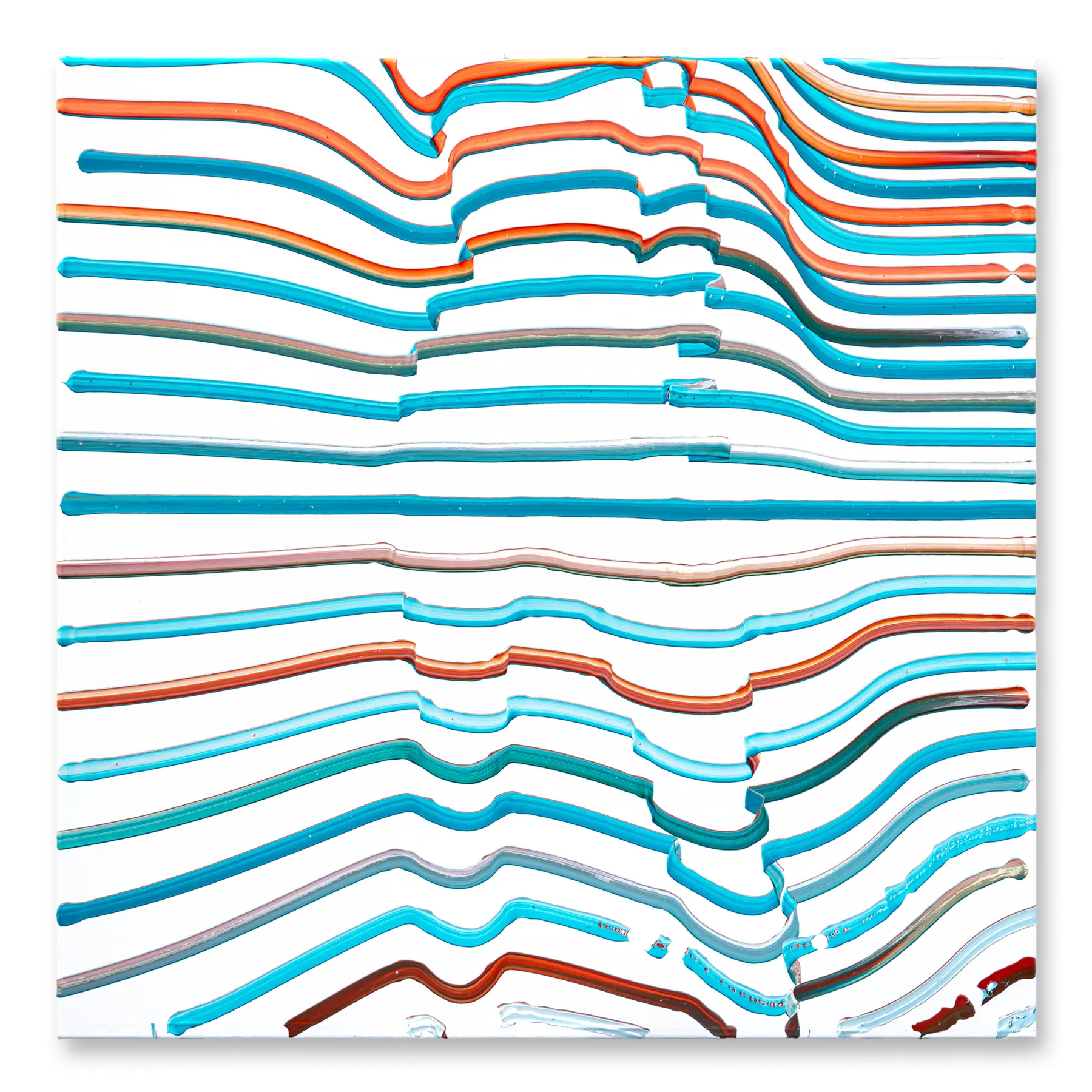 Line painting of rippling turquoise and orange horizontal lines on white, Mirroring