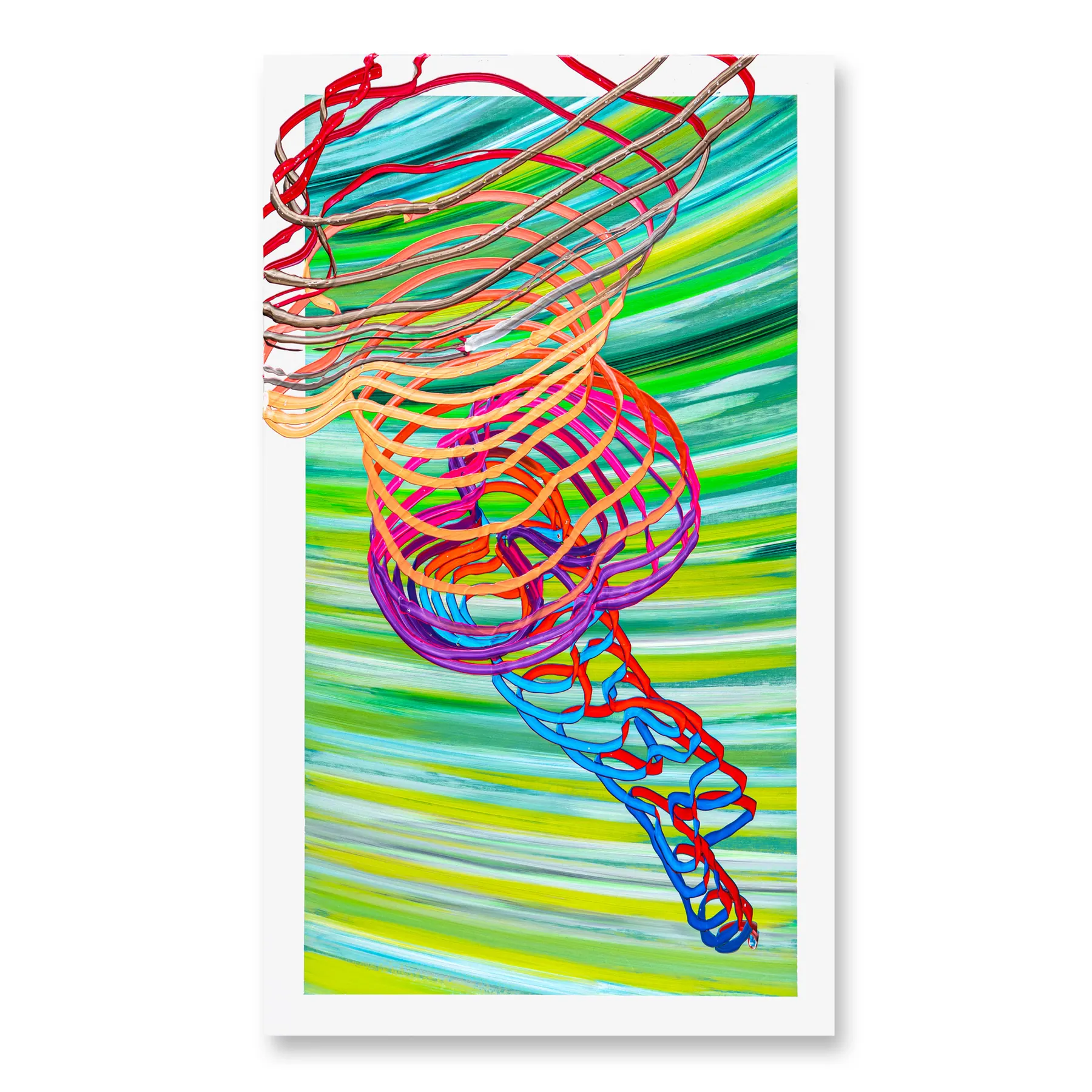 Line painting of a spiralling figure in red, orange and blue over green and turquoise, Scaling